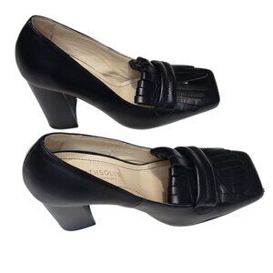 BEAUTIISOLES Black Leather Heels Square Toed Women's Size 7.5